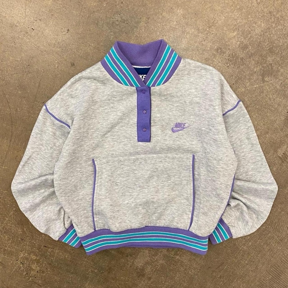 Vintage Nike Quarter Button Fleece Sweatshirt Swoosh Essential Blue Purple 80s M